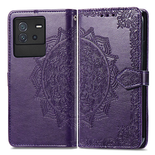 Leather Case Stands Fashionable Pattern Flip Cover Holder for Vivo iQOO Neo6 5G Purple
