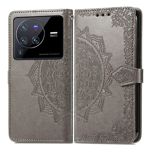 Leather Case Stands Fashionable Pattern Flip Cover Holder for Vivo X80 Pro 5G Gray