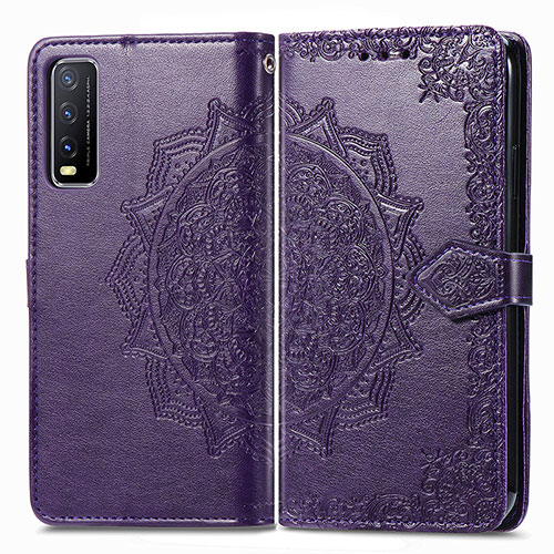 Leather Case Stands Fashionable Pattern Flip Cover Holder for Vivo Y12s Purple