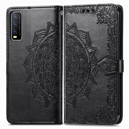 Leather Case Stands Fashionable Pattern Flip Cover Holder for Vivo Y20s Black