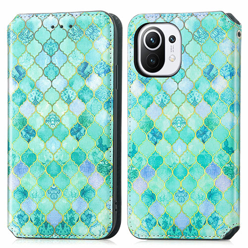 Leather Case Stands Fashionable Pattern Flip Cover Holder for Xiaomi Mi 11 5G Green