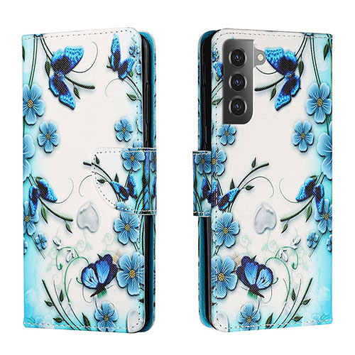 Leather Case Stands Fashionable Pattern Flip Cover Holder H01X for Samsung Galaxy S22 Plus 5G Blue