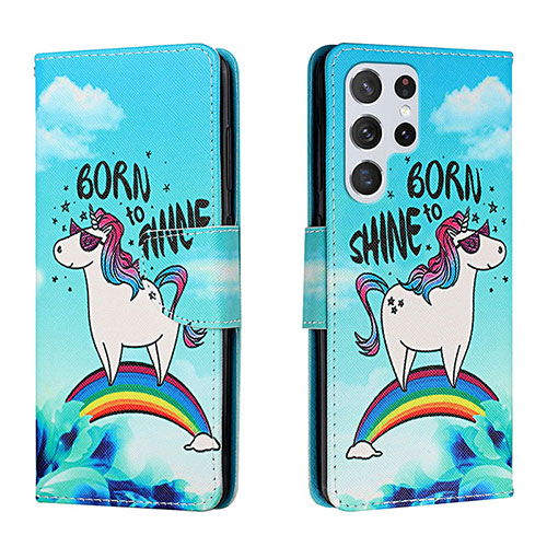 Leather Case Stands Fashionable Pattern Flip Cover Holder H01X for Samsung Galaxy S22 Ultra 5G Sky Blue