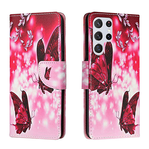 Leather Case Stands Fashionable Pattern Flip Cover Holder H02X for Samsung Galaxy S22 Ultra 5G Hot Pink