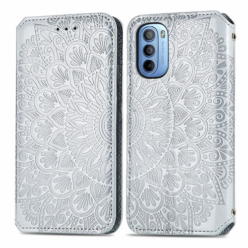 Leather Case Stands Fashionable Pattern Flip Cover Holder S01D for Motorola Moto G41 Silver