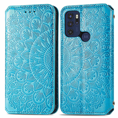 Leather Case Stands Fashionable Pattern Flip Cover Holder S01D for Motorola Moto G60s Blue