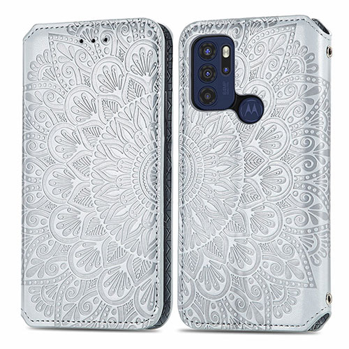 Leather Case Stands Fashionable Pattern Flip Cover Holder S01D for Motorola Moto G60s Silver