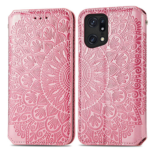 Leather Case Stands Fashionable Pattern Flip Cover Holder S01D for Oppo Find X5 5G Rose Gold
