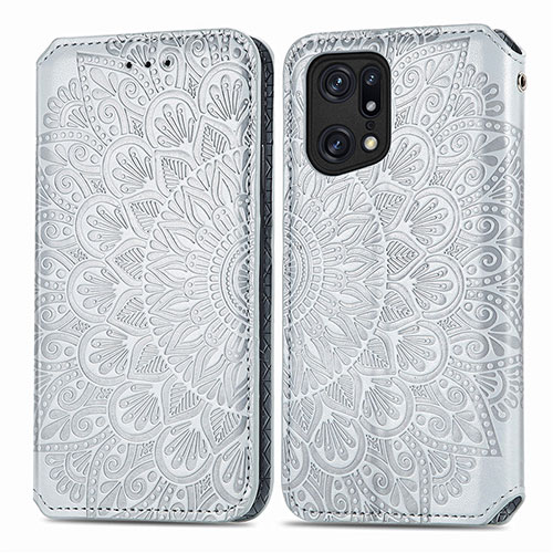 Leather Case Stands Fashionable Pattern Flip Cover Holder S01D for Oppo Find X5 Pro 5G Silver