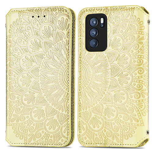 Leather Case Stands Fashionable Pattern Flip Cover Holder S01D for Oppo Reno6 Pro 5G India Gold