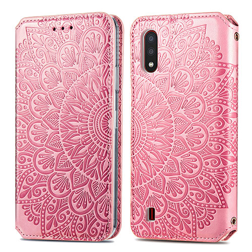 Leather Case Stands Fashionable Pattern Flip Cover Holder S01D for Samsung Galaxy A01 SM-A015 Rose Gold