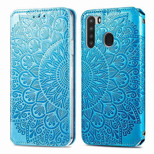 Leather Case Stands Fashionable Pattern Flip Cover Holder S01D for Samsung Galaxy A21 Blue