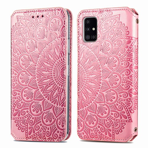 Leather Case Stands Fashionable Pattern Flip Cover Holder S01D for Samsung Galaxy A51 5G Rose Gold