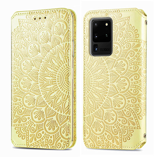 Leather Case Stands Fashionable Pattern Flip Cover Holder S01D for Samsung Galaxy S20 Ultra Gold