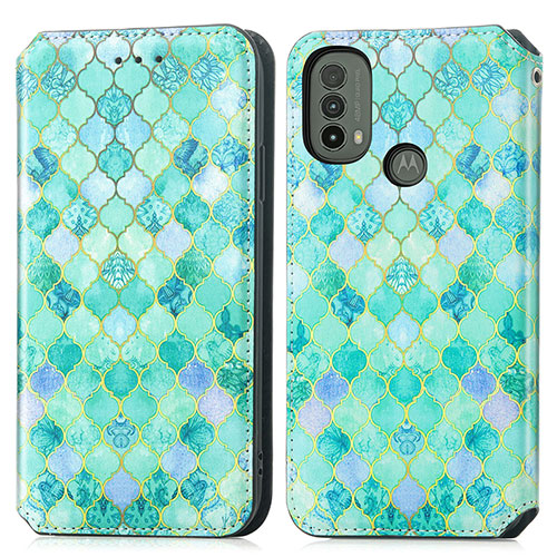 Leather Case Stands Fashionable Pattern Flip Cover Holder S02D for Motorola Moto E30 Green