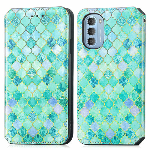 Leather Case Stands Fashionable Pattern Flip Cover Holder S02D for Motorola Moto G51 5G Green