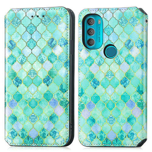 Leather Case Stands Fashionable Pattern Flip Cover Holder S02D for Motorola Moto G71 5G Green