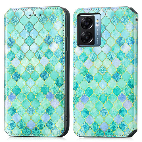 Leather Case Stands Fashionable Pattern Flip Cover Holder S02D for Oppo A57 5G Green
