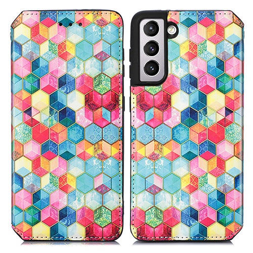 Leather Case Stands Fashionable Pattern Flip Cover Holder S02D for Samsung Galaxy S21 5G Colorful