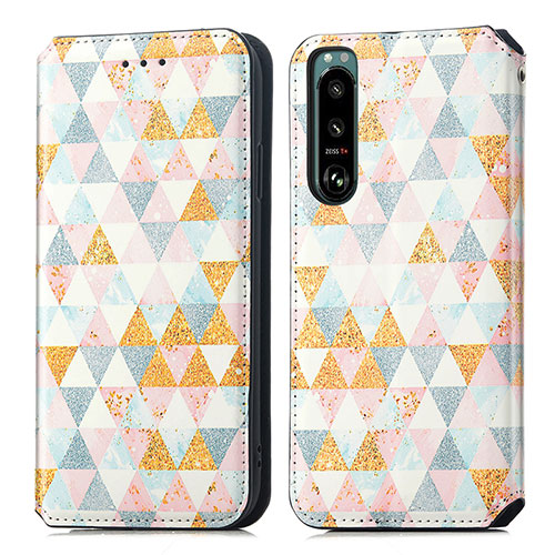 Leather Case Stands Fashionable Pattern Flip Cover Holder S02D for Sony Xperia 5 III White