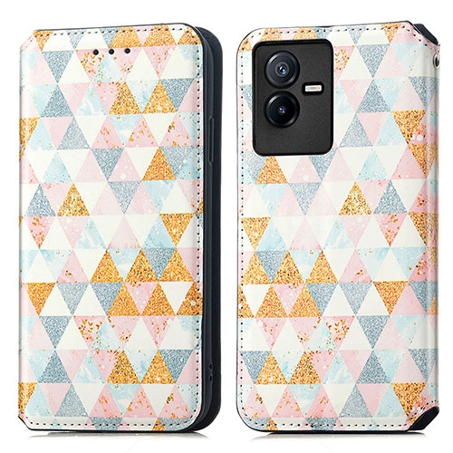 Leather Case Stands Fashionable Pattern Flip Cover Holder S02D for Vivo T2x 5G White