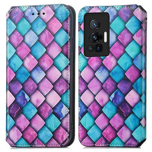 Leather Case Stands Fashionable Pattern Flip Cover Holder S02D for Vivo X70 Pro 5G Purple