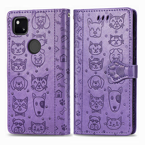 Leather Case Stands Fashionable Pattern Flip Cover Holder S03D for Google Pixel 4a Purple