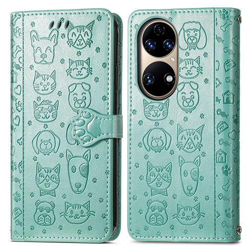 Leather Case Stands Fashionable Pattern Flip Cover Holder S03D for Huawei P50 Pro Green