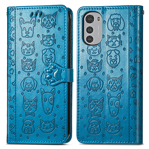 Leather Case Stands Fashionable Pattern Flip Cover Holder S03D for Motorola Moto E32 Blue