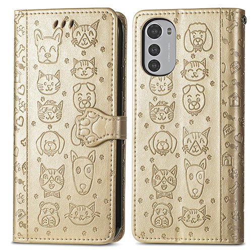 Leather Case Stands Fashionable Pattern Flip Cover Holder S03D for Motorola Moto E32s Gold