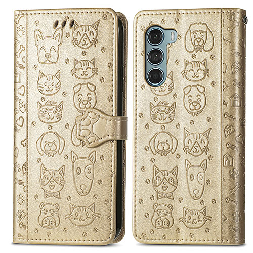 Leather Case Stands Fashionable Pattern Flip Cover Holder S03D for Motorola Moto G200 5G Gold