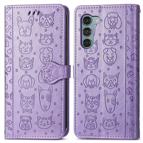 Leather Case Stands Fashionable Pattern Flip Cover Holder S03D for Motorola Moto G200 5G Purple
