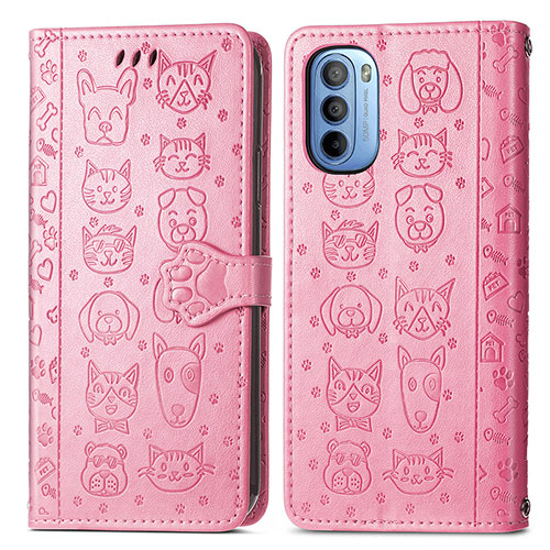 Leather Case Stands Fashionable Pattern Flip Cover Holder S03D for Motorola Moto G31 Pink