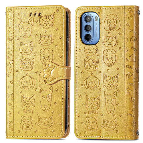 Leather Case Stands Fashionable Pattern Flip Cover Holder S03D for Motorola Moto G31 Yellow