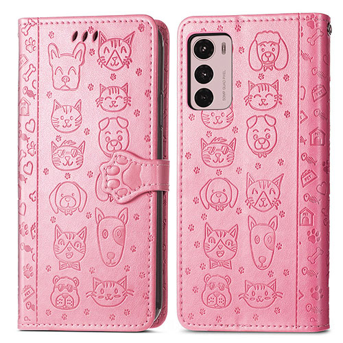 Leather Case Stands Fashionable Pattern Flip Cover Holder S03D for Motorola Moto G42 Pink