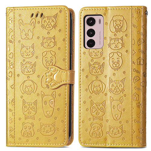 Leather Case Stands Fashionable Pattern Flip Cover Holder S03D for Motorola Moto G42 Yellow