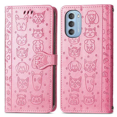 Leather Case Stands Fashionable Pattern Flip Cover Holder S03D for Motorola Moto G51 5G Pink