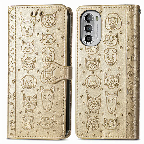 Leather Case Stands Fashionable Pattern Flip Cover Holder S03D for Motorola Moto G52j 5G Gold