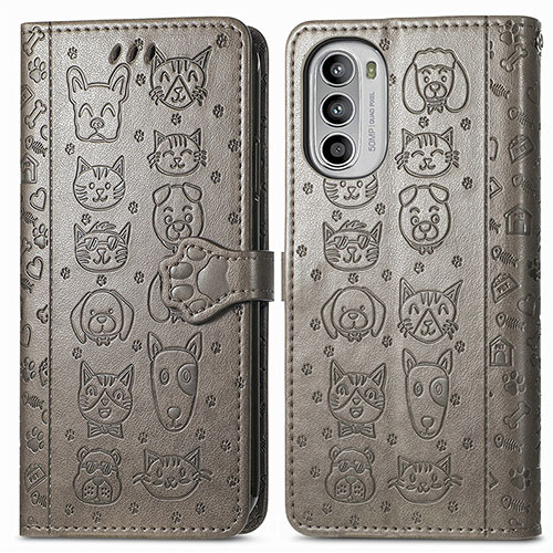 Leather Case Stands Fashionable Pattern Flip Cover Holder S03D for Motorola Moto G52j 5G Gray