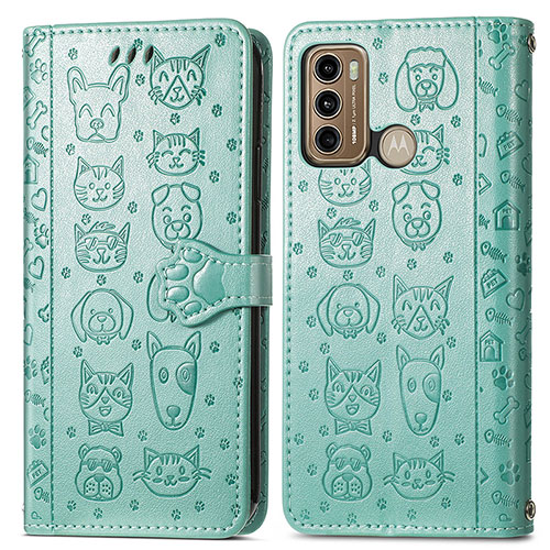 Leather Case Stands Fashionable Pattern Flip Cover Holder S03D for Motorola Moto G60 Green