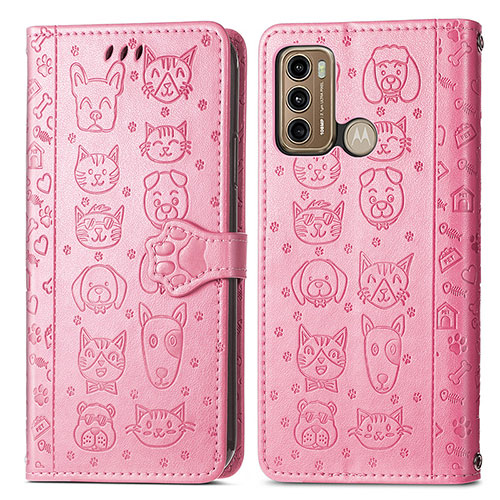 Leather Case Stands Fashionable Pattern Flip Cover Holder S03D for Motorola Moto G60 Pink