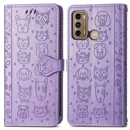 Leather Case Stands Fashionable Pattern Flip Cover Holder S03D for Motorola Moto G60 Purple