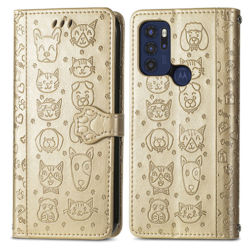 Leather Case Stands Fashionable Pattern Flip Cover Holder S03D for Motorola Moto G60s Gold