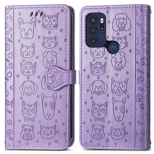 Leather Case Stands Fashionable Pattern Flip Cover Holder S03D for Motorola Moto G60s Purple