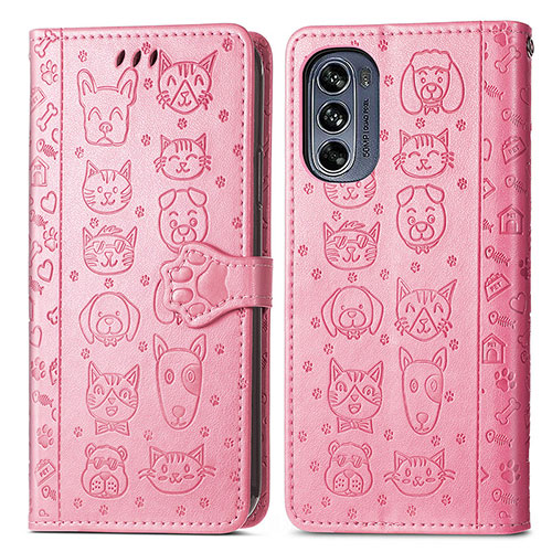 Leather Case Stands Fashionable Pattern Flip Cover Holder S03D for Motorola Moto G62 5G Pink