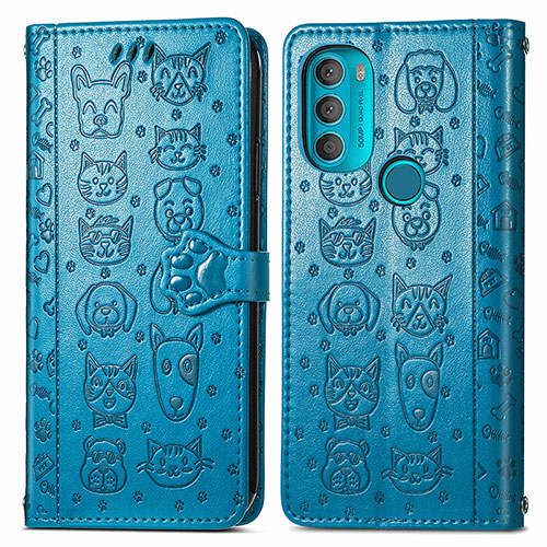 Leather Case Stands Fashionable Pattern Flip Cover Holder S03D for Motorola Moto G71 5G Blue