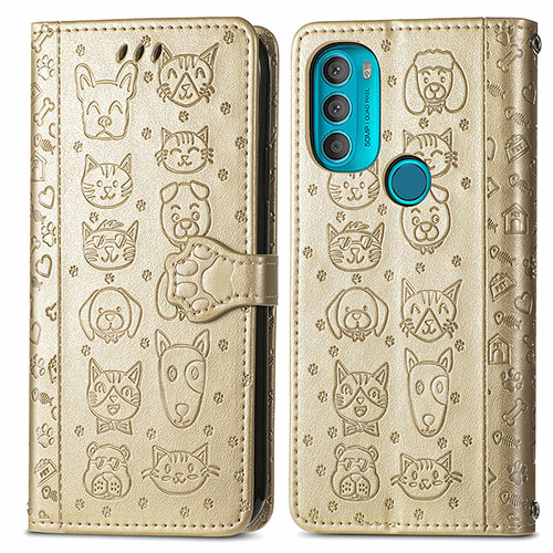Leather Case Stands Fashionable Pattern Flip Cover Holder S03D for Motorola Moto G71 5G Gold
