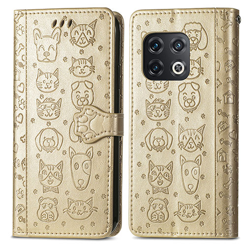 Leather Case Stands Fashionable Pattern Flip Cover Holder S03D for OnePlus 10 Pro 5G Gold