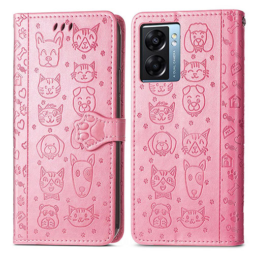 Leather Case Stands Fashionable Pattern Flip Cover Holder S03D for OnePlus Nord N300 5G Pink