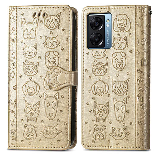 Leather Case Stands Fashionable Pattern Flip Cover Holder S03D for Oppo A57 5G Gold